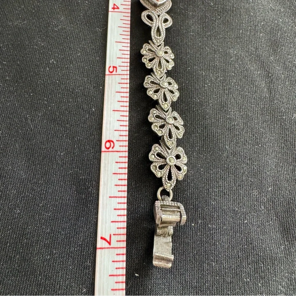 Vintage Sterling Silver Garnet and Marcasite Heart and Flowers Bracelet